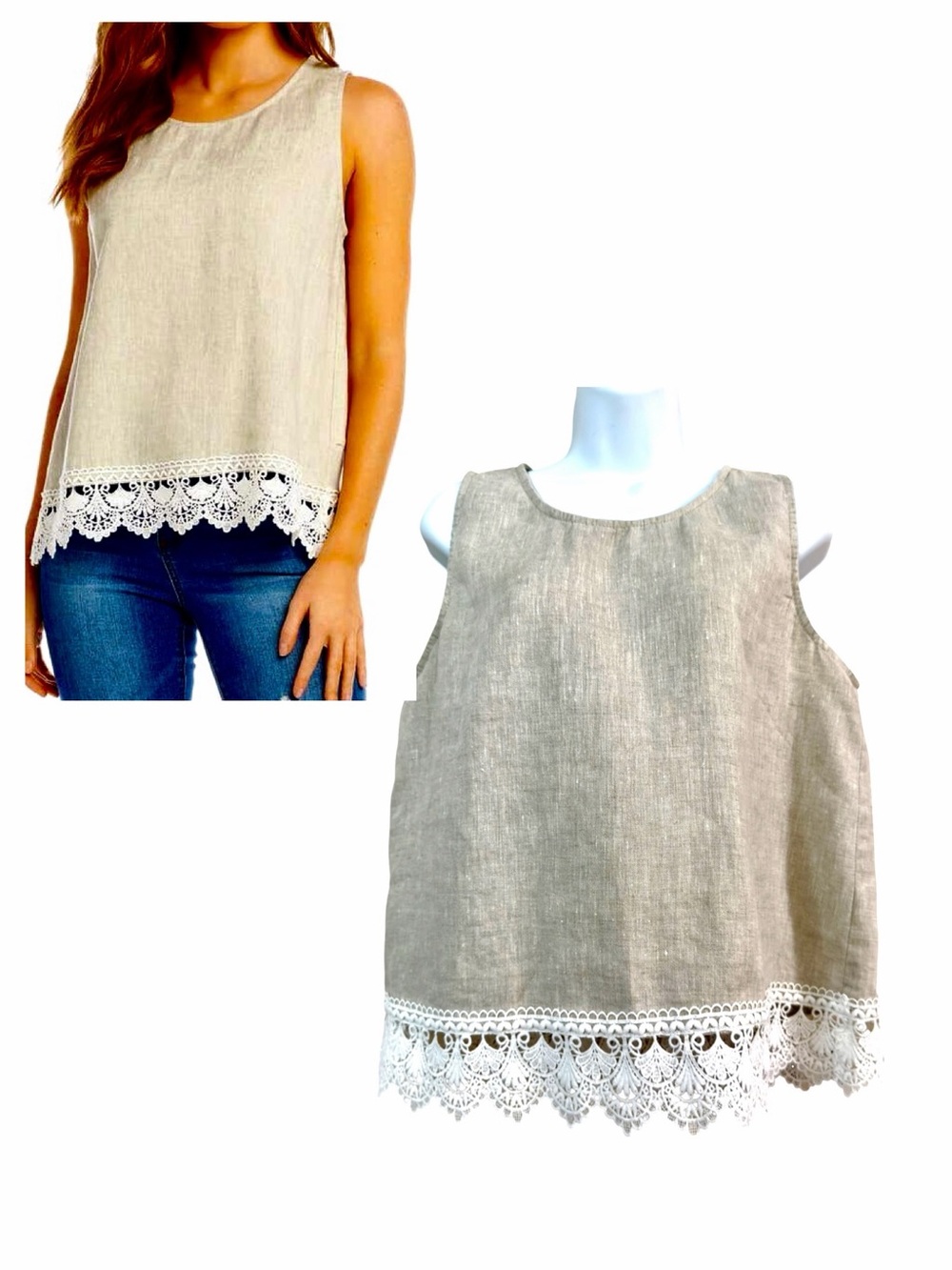 Karen Kane Cream Oat Linen Lace Tank Top Blouse Size Large Sleeveless Breathable